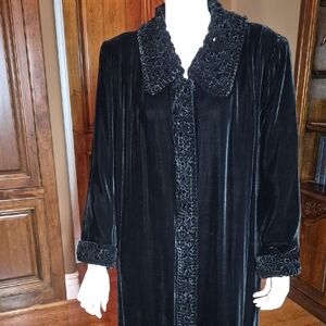 Black Velvet Long Coat with Textured Trim Fully Lined In Black Satin